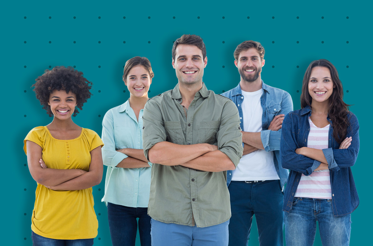 Group of young professionals, three women and two men, looking confident and ready to start their CPDM certification.