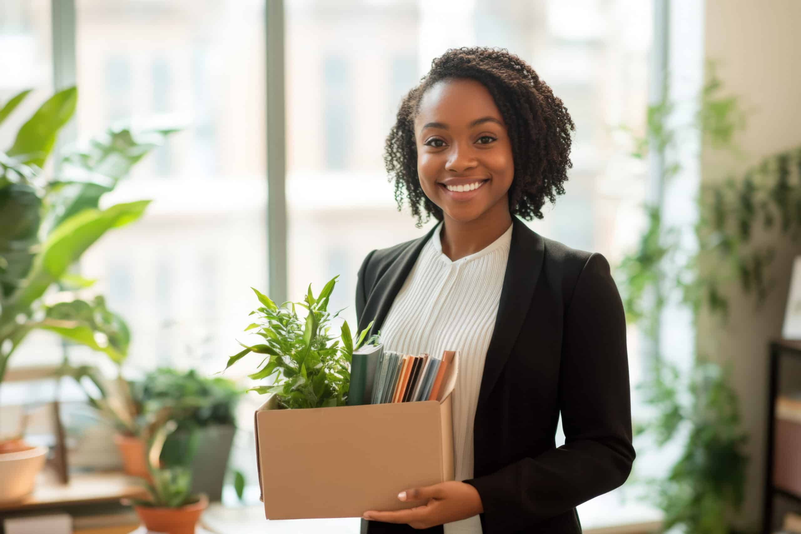 a woman holding a box of office supplies