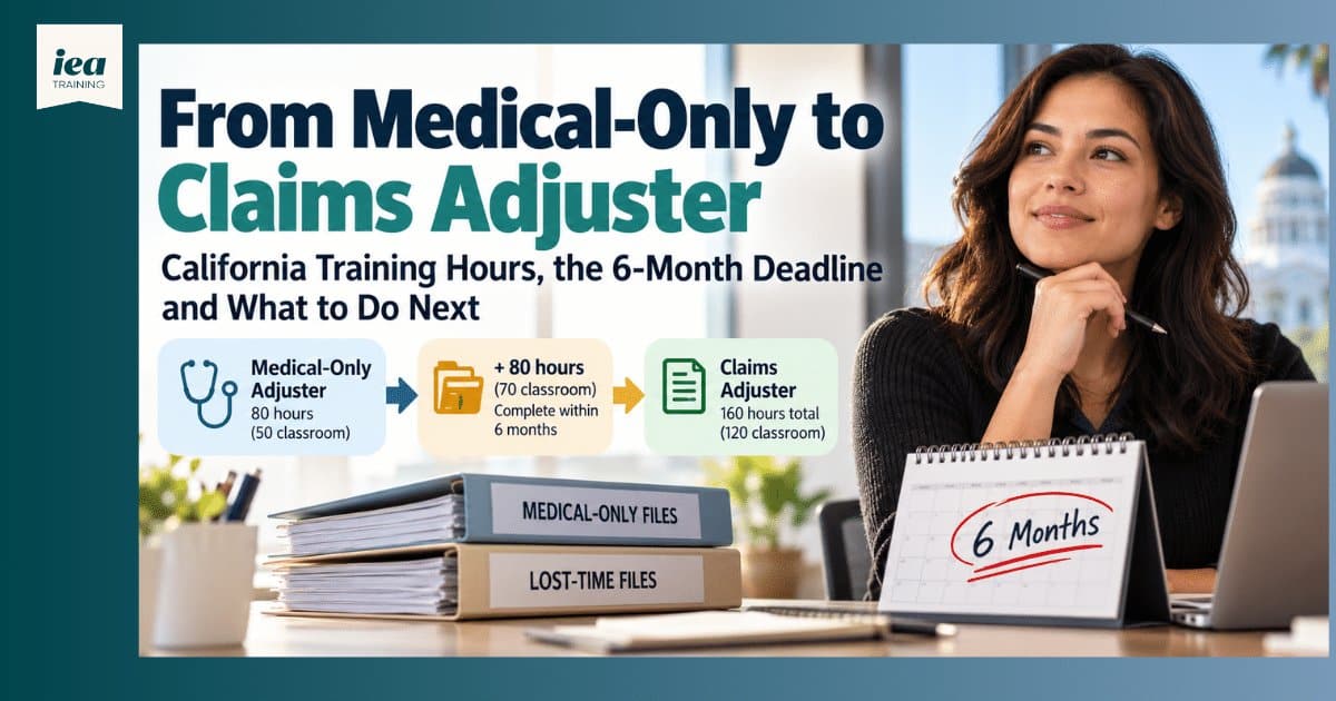 Medical-only to claims adjuster: 80 medical-only hours, plus 80 more hours (70 classroom) within six months, for 160 hours total
