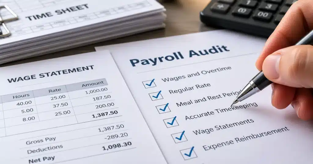 Payroll audit checklist being reviewed beside a wage statement, timesheets and a calculator